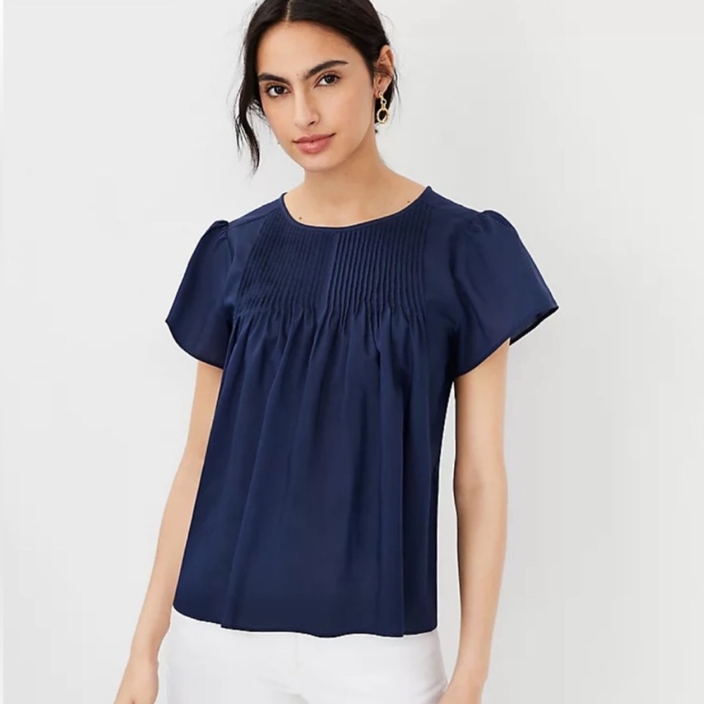 Ann Taylor Navy Blue Pintuck Top